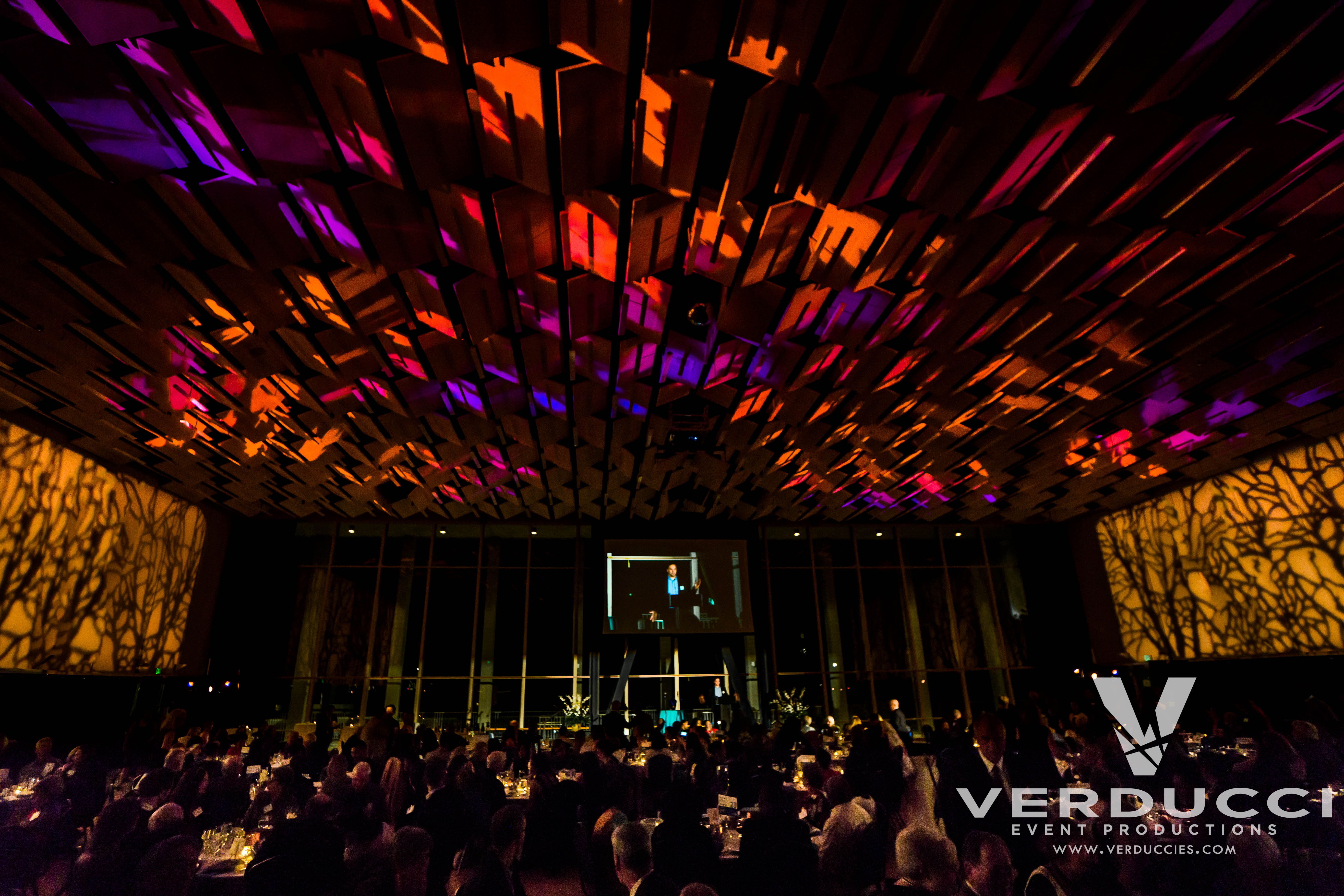 Ceiling pattern wash lighting for corporate event AV set-up