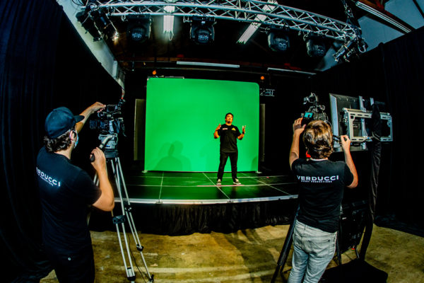 On Screen with Camera Crew in Verducci Studio, camera set-up and green screen and lights set-up