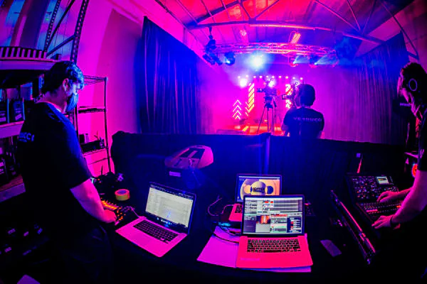 Verducci Event Production Studio- Live Streaming Session with computer set-up and production stage set-up.