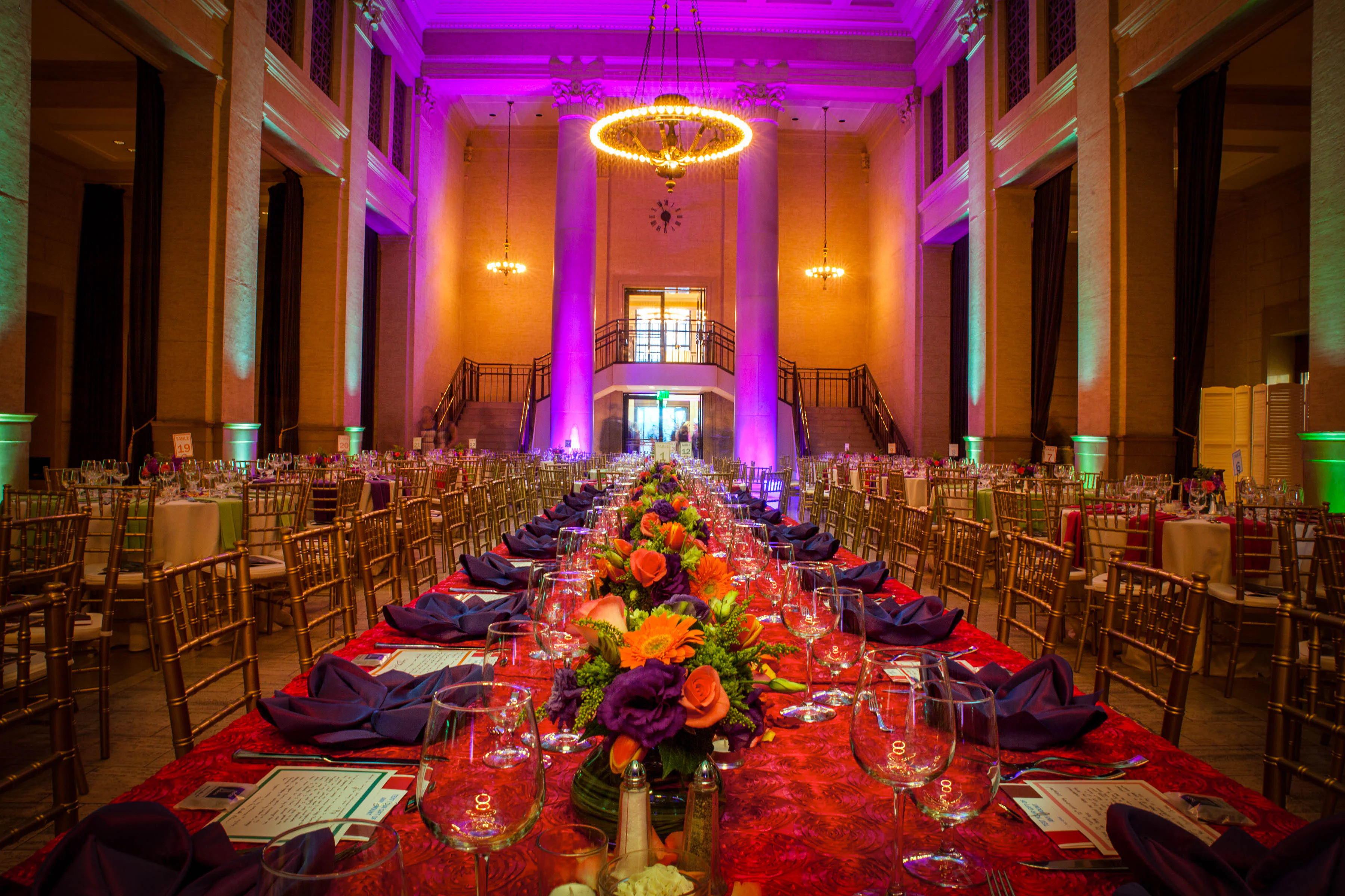 Indoor multicolored lighting for dining event set-up