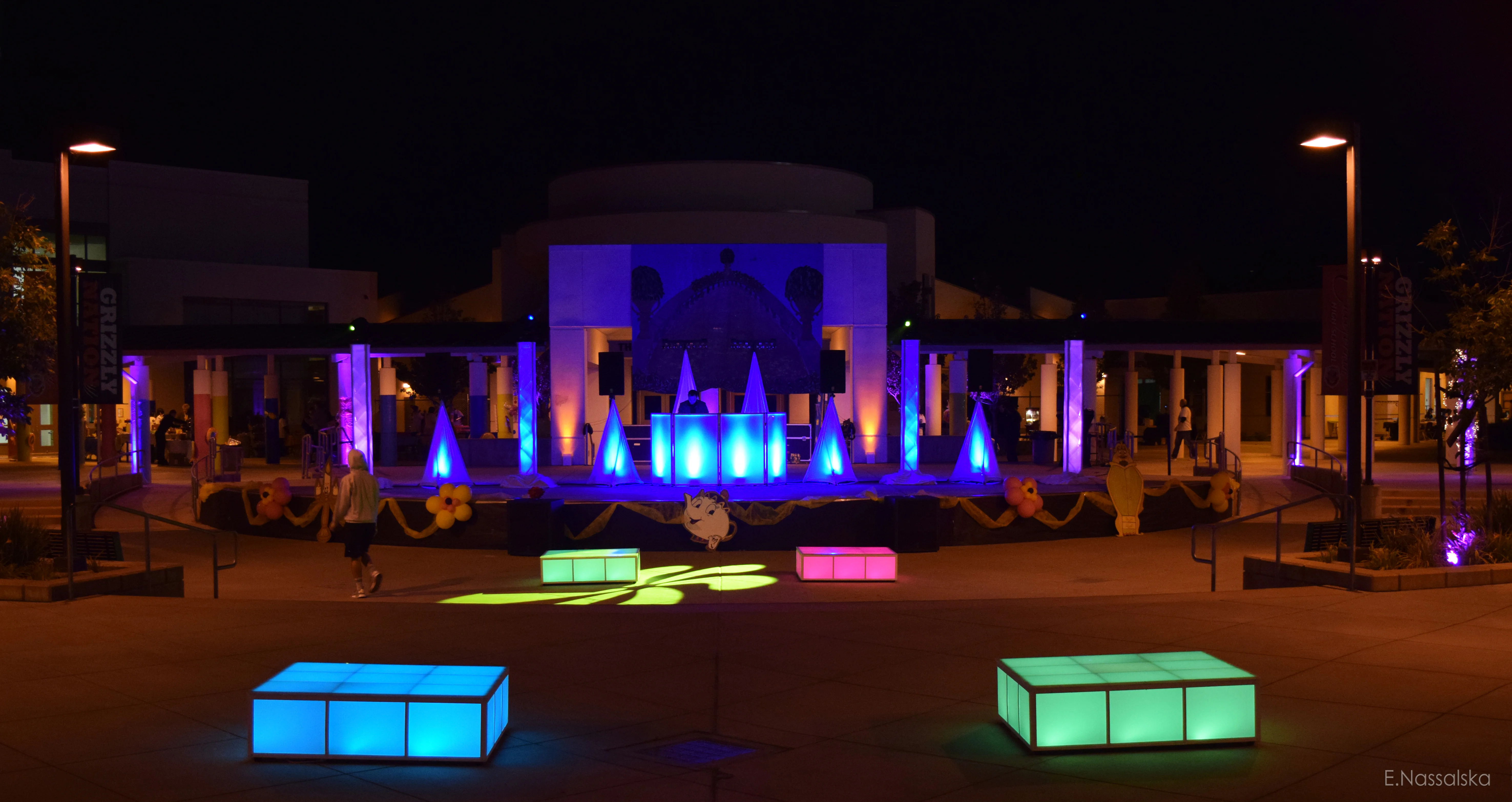 Outdoor DJ stage set-up and dance floor lighting